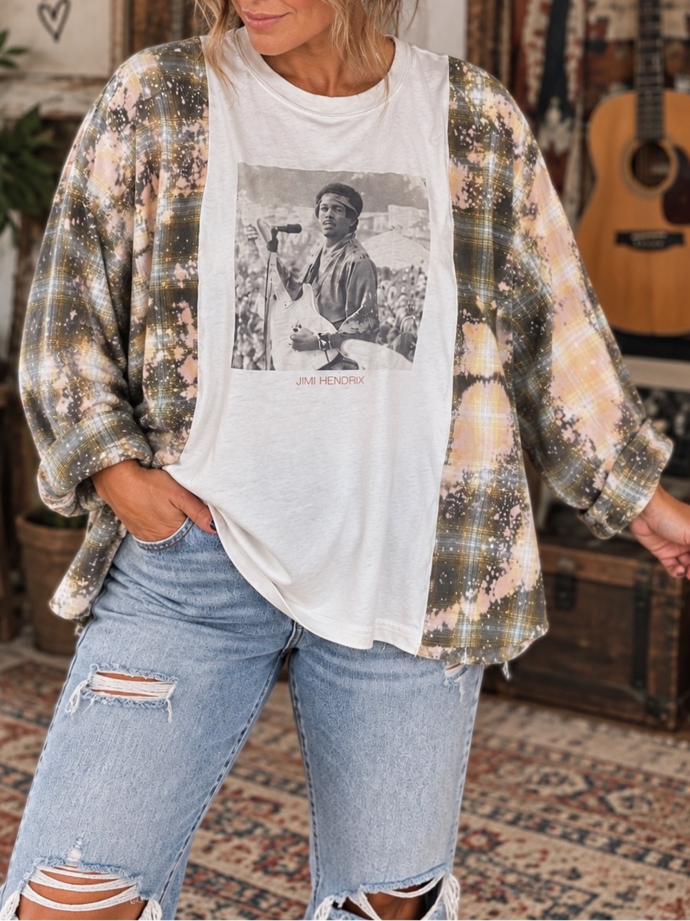 Lily Jean Threads Upcycle Jimi Hendrix graphic Bleached flannel